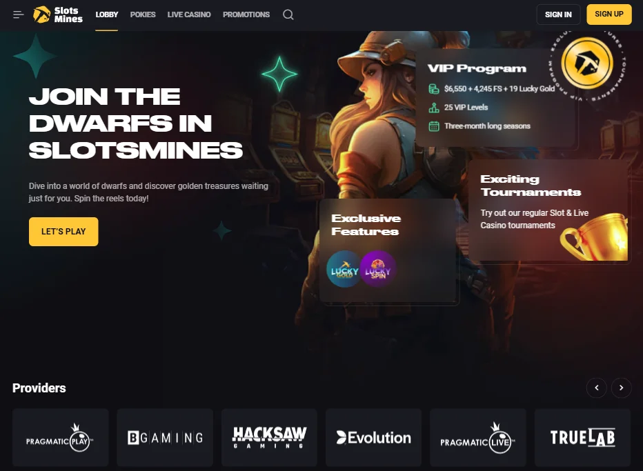 Slots Mines welcome page